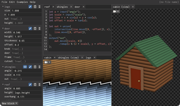 Picture of an IDE showing a model for a cabin